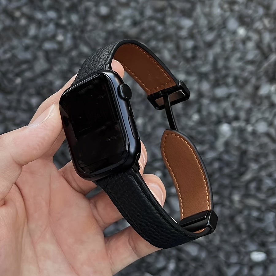 Litchi Pattern Patent Apple Watch Strap with Magnetic Folding Buckle